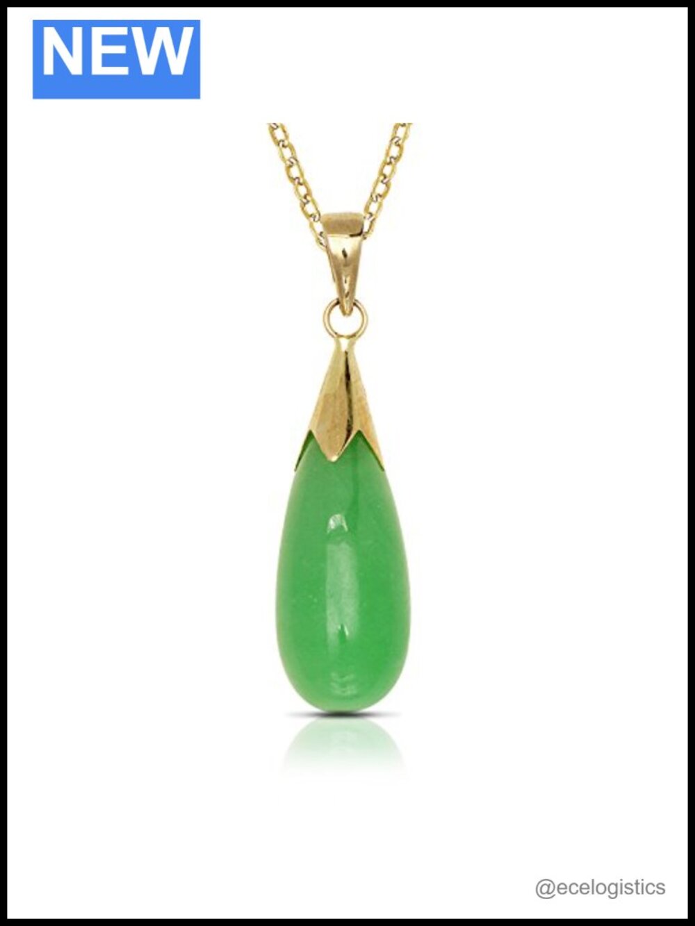 14K Yellow Gold Natural Jade Teardrop Dangle Pendant Necklace
